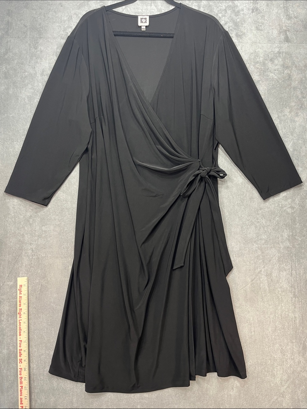 Anne Klein Classic Black Wrap Dress 3X Plus Size Side Tie 3/4 Sleeve